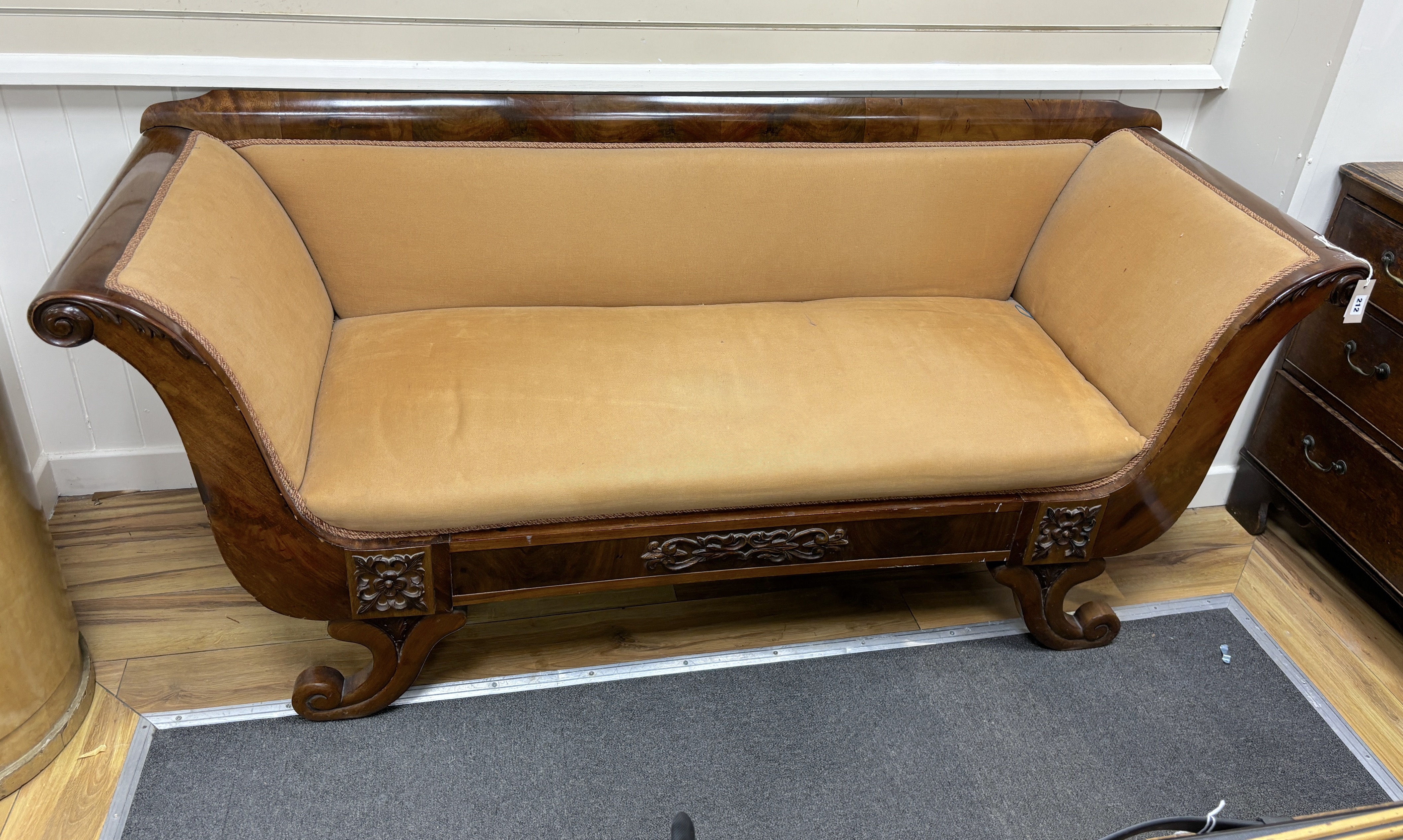 A 19th century mahogany Biedermier settee, width 180cm, depth 64cm, height 82cm. Condition - fair